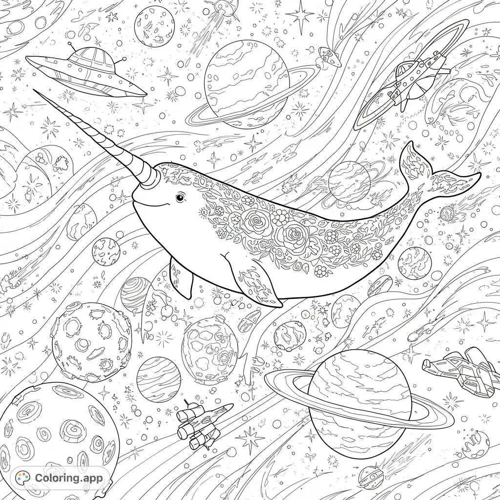 Dive into a cosmic adventure with a majestic narwhal swimming among planets and spaceships. A highly detailed galaxy narwhal coloring page awaits!