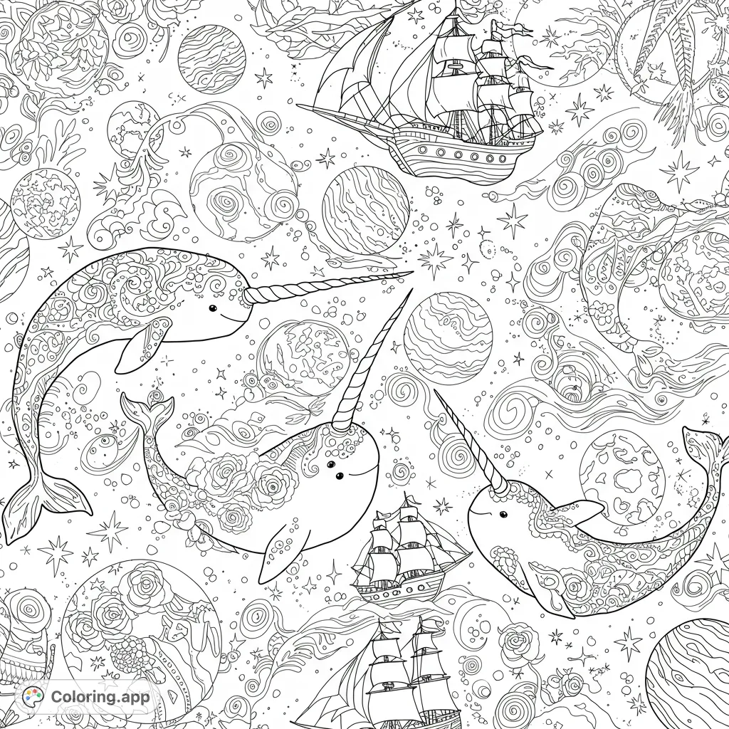 Dive into a fantastical cosmic adventure! Narwhals, pirate ships, and swirling stars fill this highly detailed, magical space scene. Perfect for imaginative colorists.