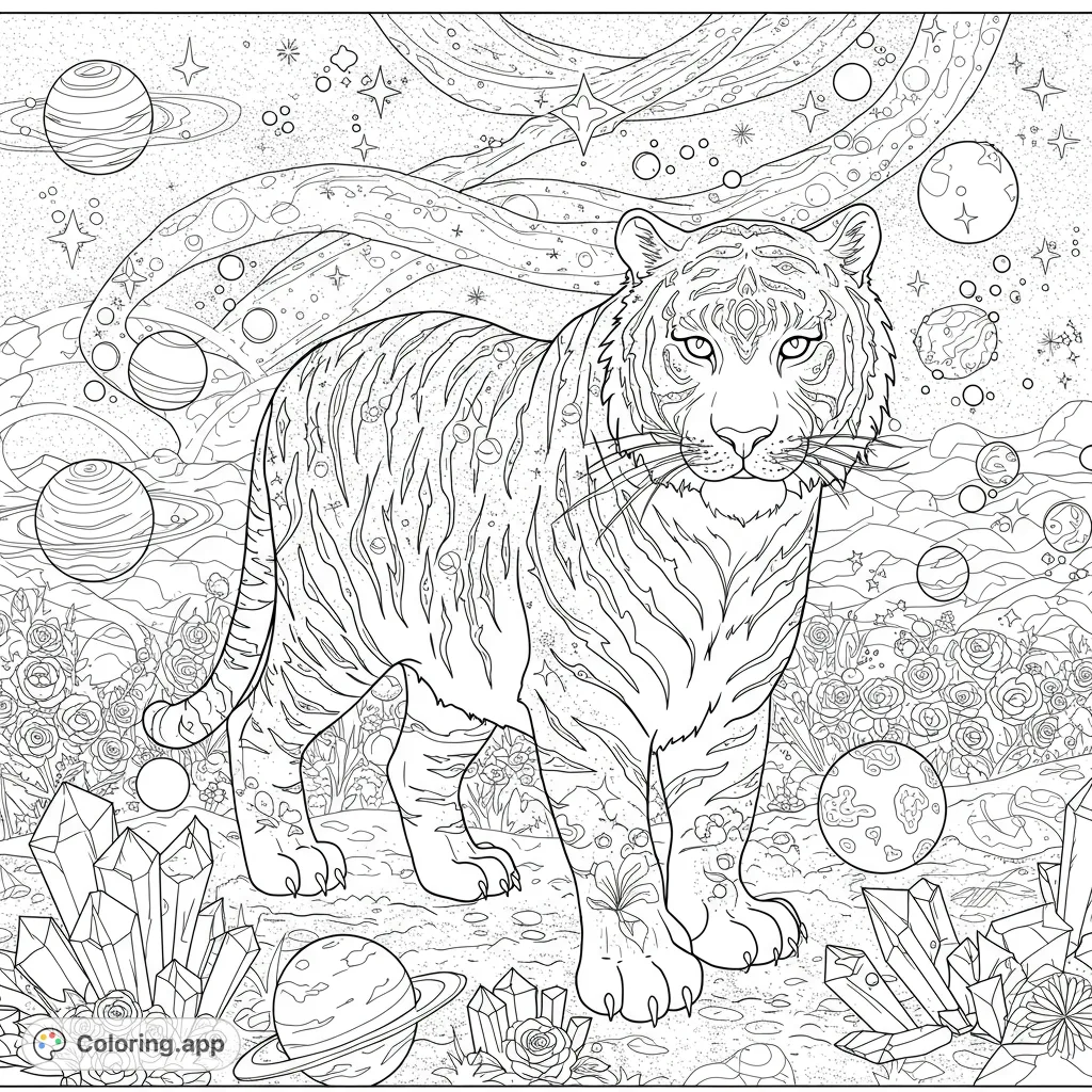 Unleash your creativity with a highly detailed cosmic tiger coloring page, featuring galaxy patterns, planets, stars, and mystical crystals.