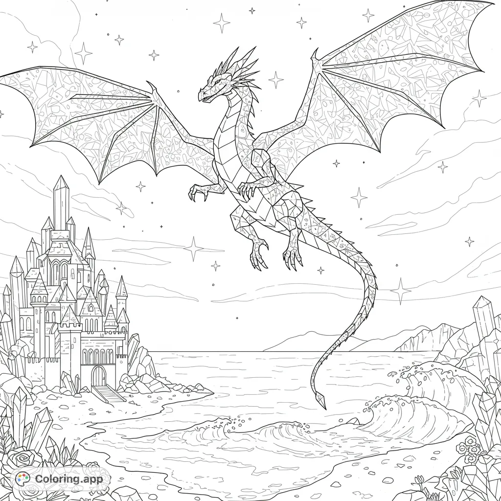 Soar with a majestic crystal dragon over a beach, featuring a grand crystal castle and mystical geometric patterns. A detailed fantasy scene.