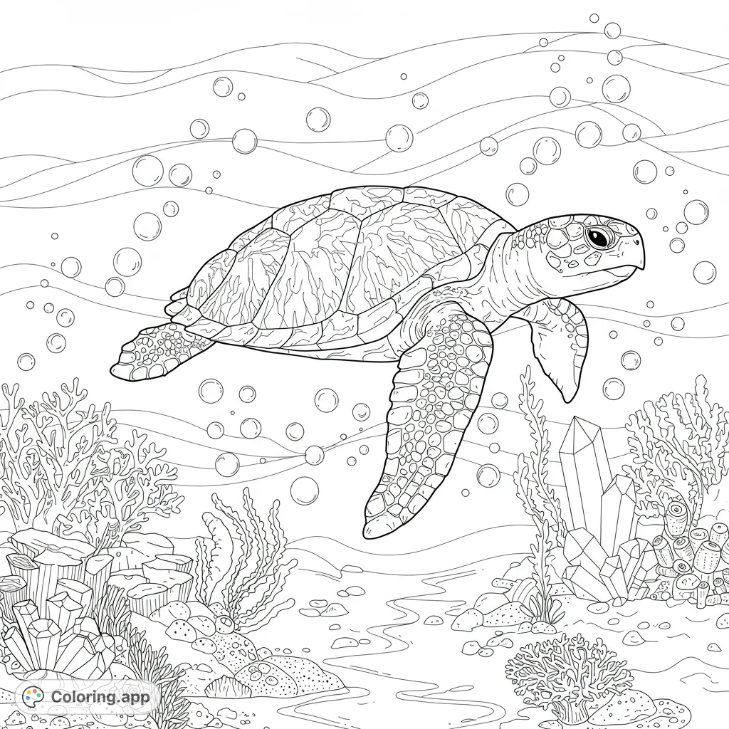 Dive into a surreal underwater turtle coloring page featuring a majestic turtle with a crystal shell, intricate coral, and swirling bubbles. A free printable for all ages.