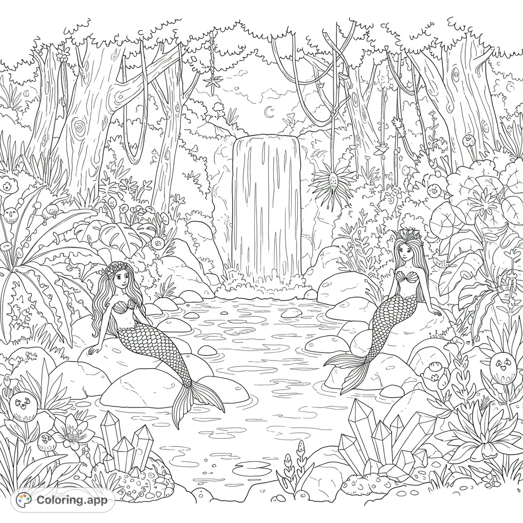 Dive into a mystical jungle lagoon with lounging mermaids, sparkling crystals, and magical creatures. A highly detailed fantasy coloring page.