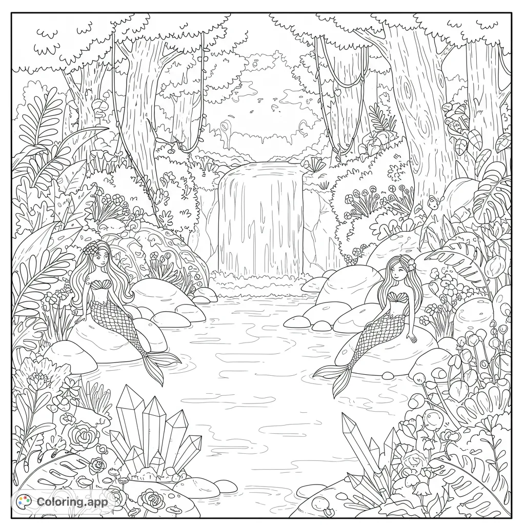 Dive into a mystical jungle lagoon with lounging mermaids, sparkling crystals, and magical creatures. A highly detailed fantasy coloring page.