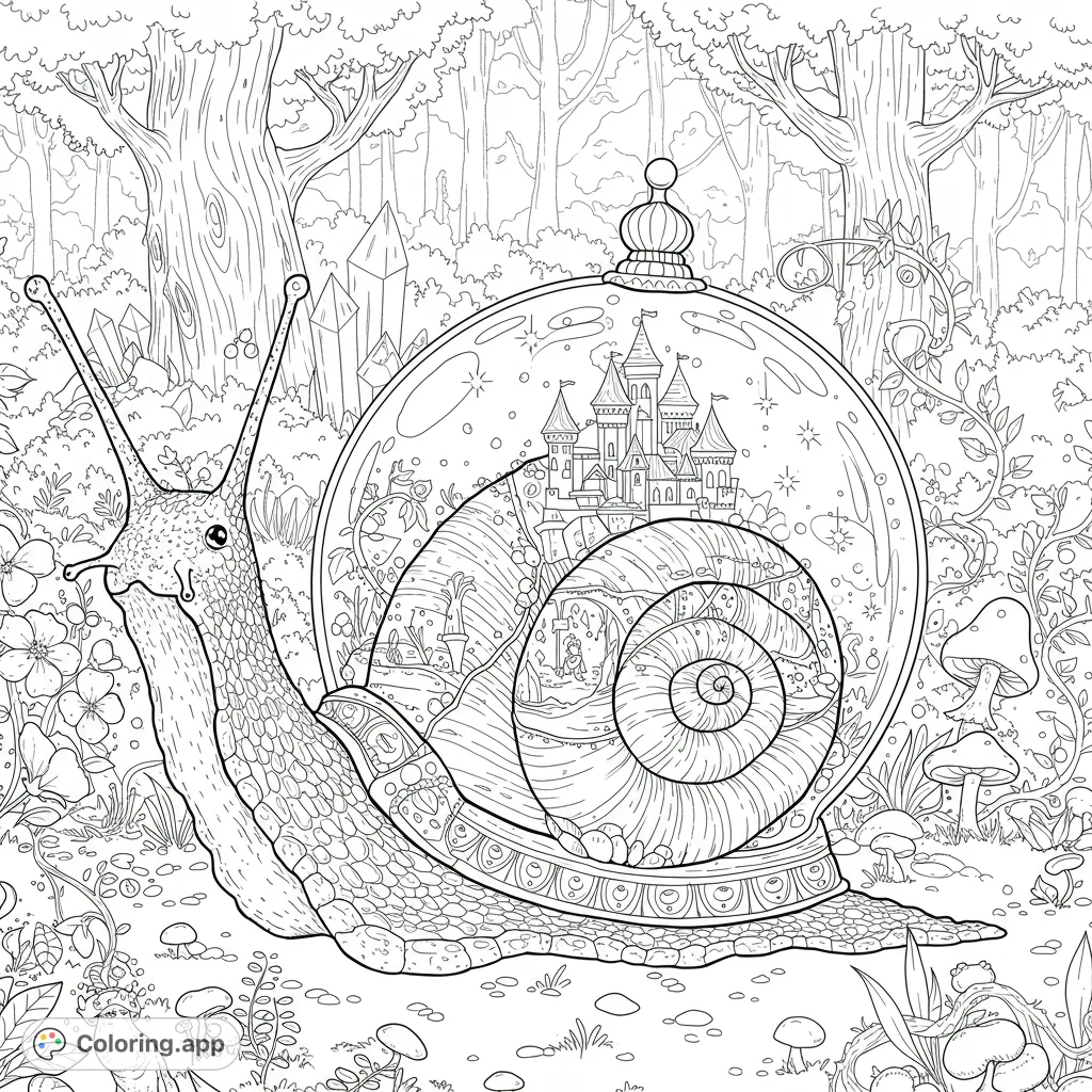 Discover a magical world with this fantasy snail whose shell is a snow globe containing a detailed castle, set in an enchanted forest with mystical creatures.