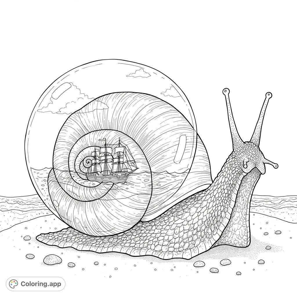 Embark on a magical journey with this highly detailed fantasy snail coloring page, featuring a ship in a snow globe shell on a mystical beach.