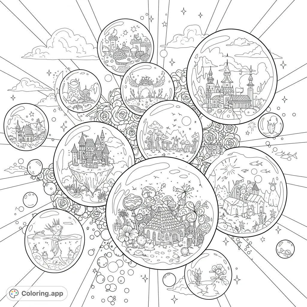 Explore intricate fantasy worlds encapsulated within magical bubbles, surrounded by celestial elements and mystical creatures in this detailed coloring page.