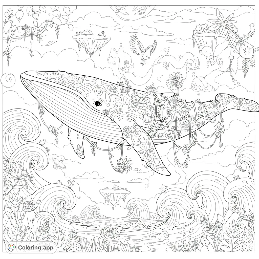 Soar with a majestic jungle whale, trailing vines and mystical creatures, against a backdrop of abstract waves and magic. A detailed fantasy adventure.