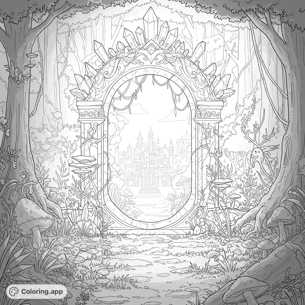 Explore a detailed fantasy portal coloring page featuring a magical doorway in an enchanted forest, revealing a futuristic cityscape within. Perfect for all ages!