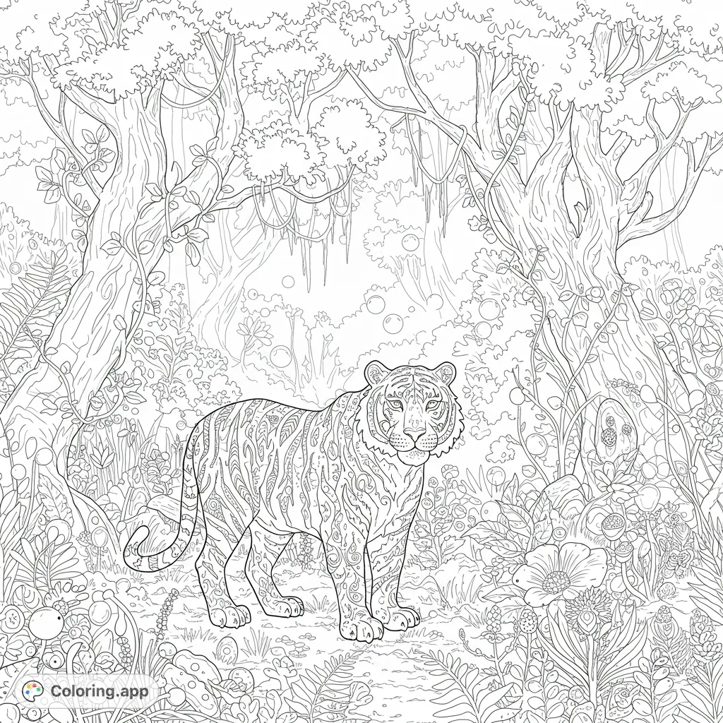 A highly detailed mystical tiger coloring page amidst a surreal forest, featuring intricate patterns, hidden animal motifs, and dreamlike elements.