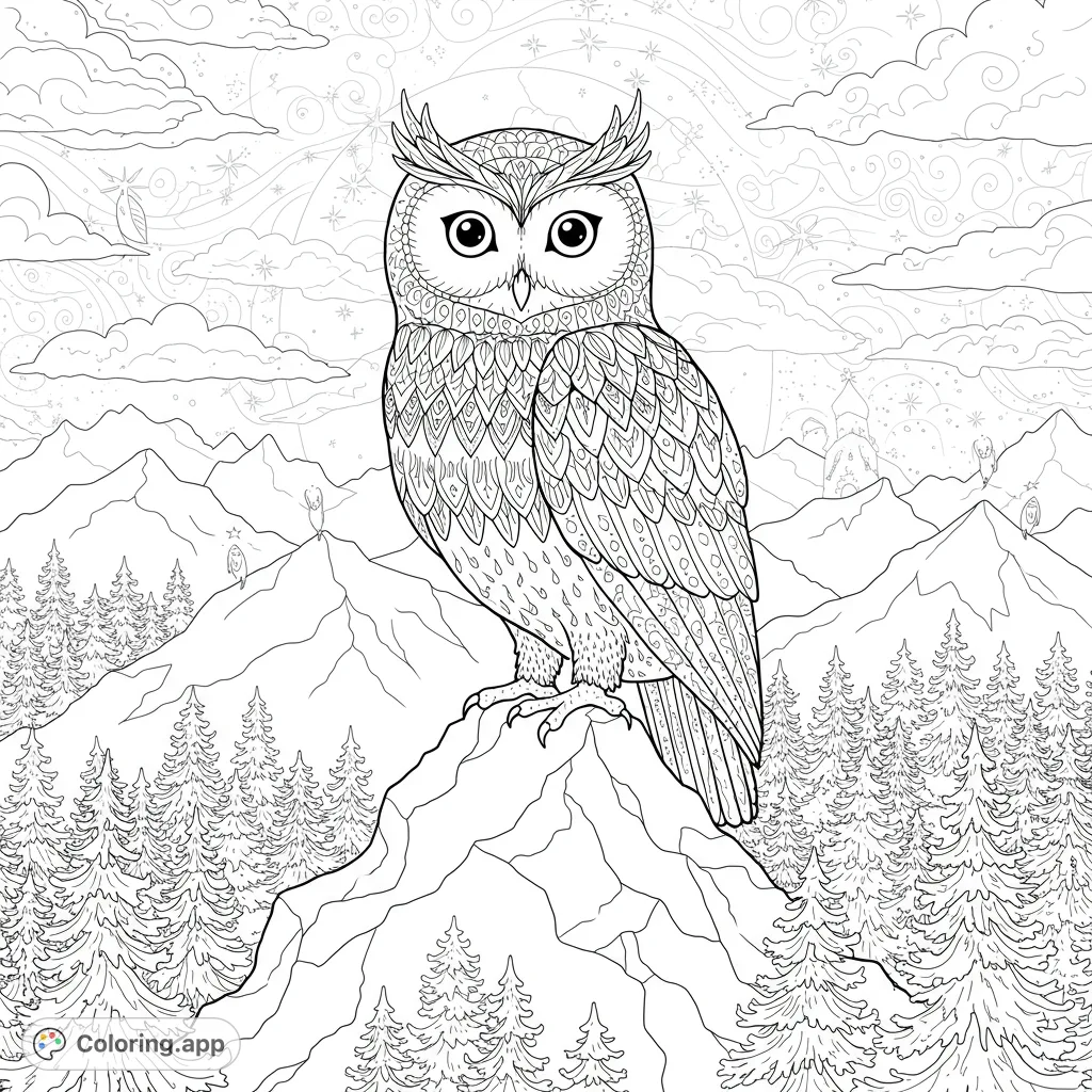 Discover a detailed abstract owl perched on a mountain, surrounded by fir trees, stars, and magic. A captivating owl coloring page for all ages.