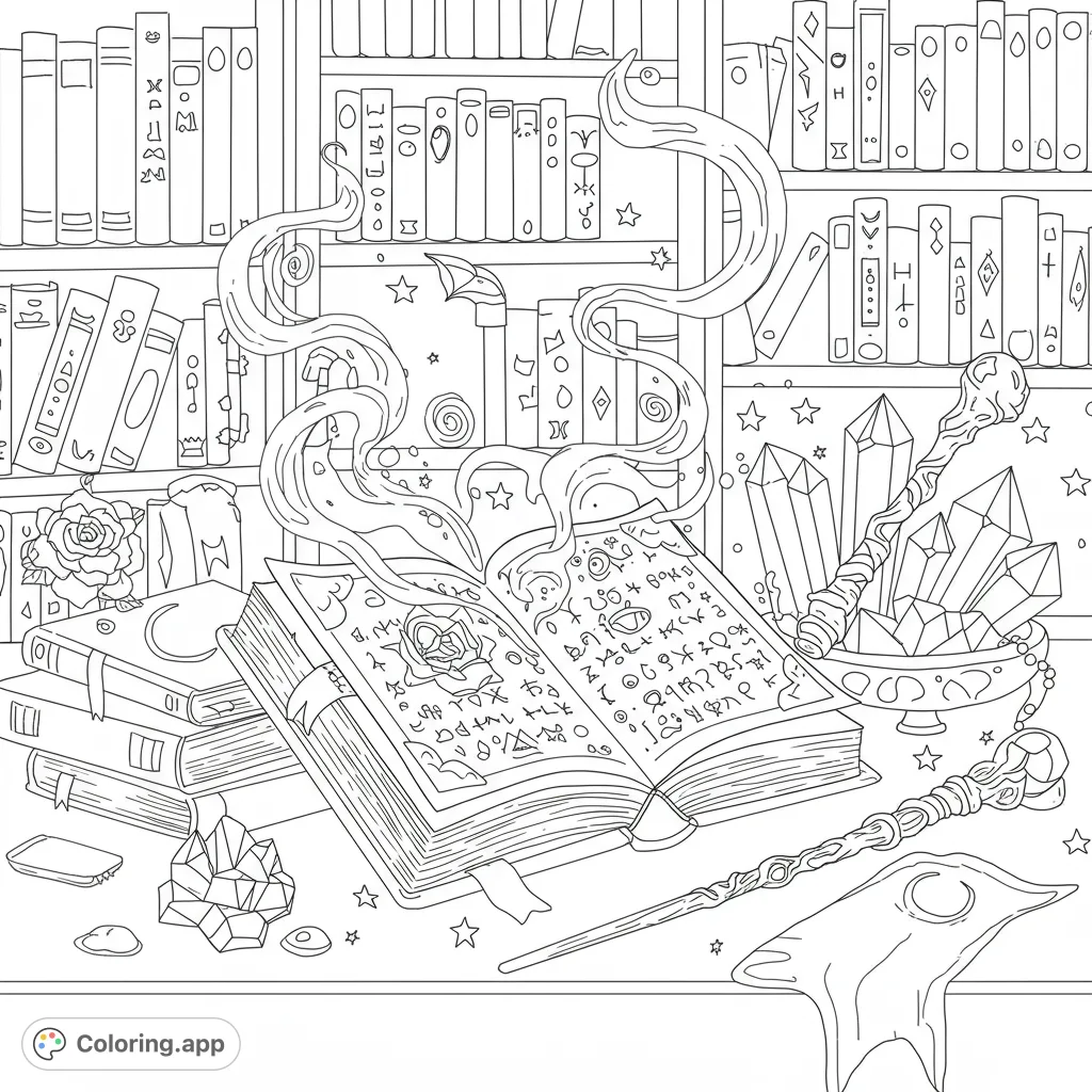 Unleash your creativity with this detailed fantasy spell book coloring page, featuring an open book, swirling magic, wands, and crystals.