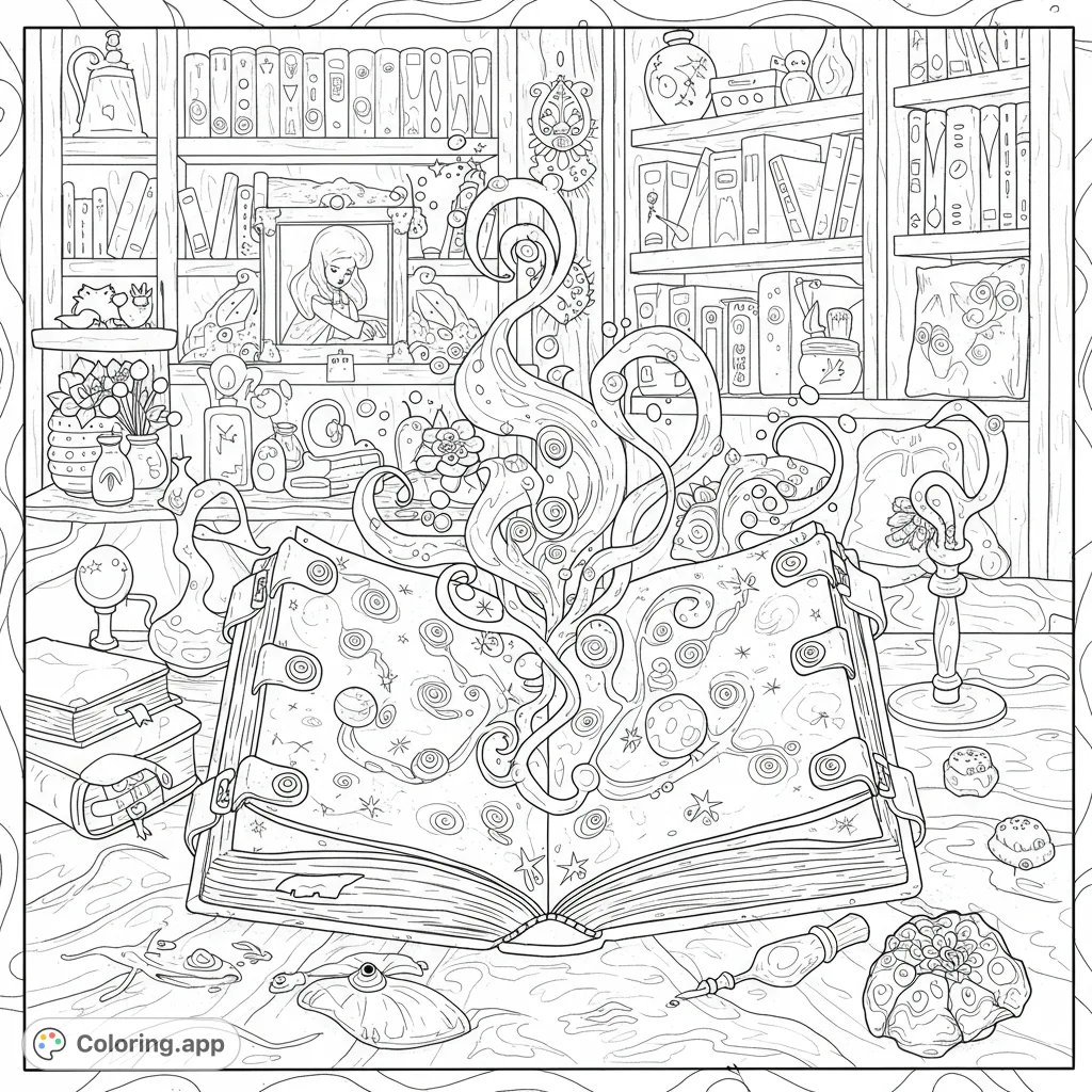 Unleash your creativity on a mystical open spell book, radiating intricate swirls, stars, and magic, set against a detailed bookshelf background.