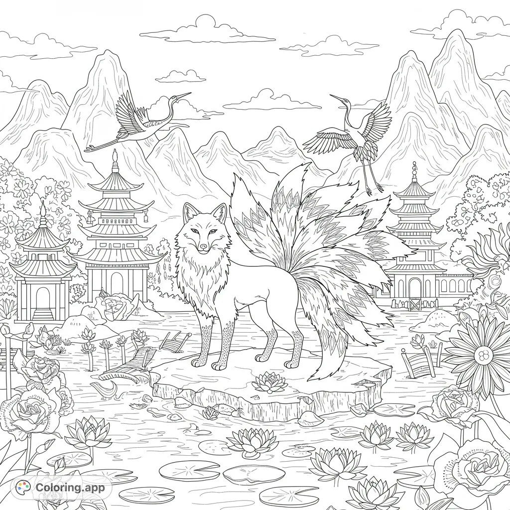 Enter a surreal dreamscape featuring a majestic nine-tailed fox amidst floating Asian architecture, water lilies, and soaring cranes. A highly detailed, hand-drawn sketch.