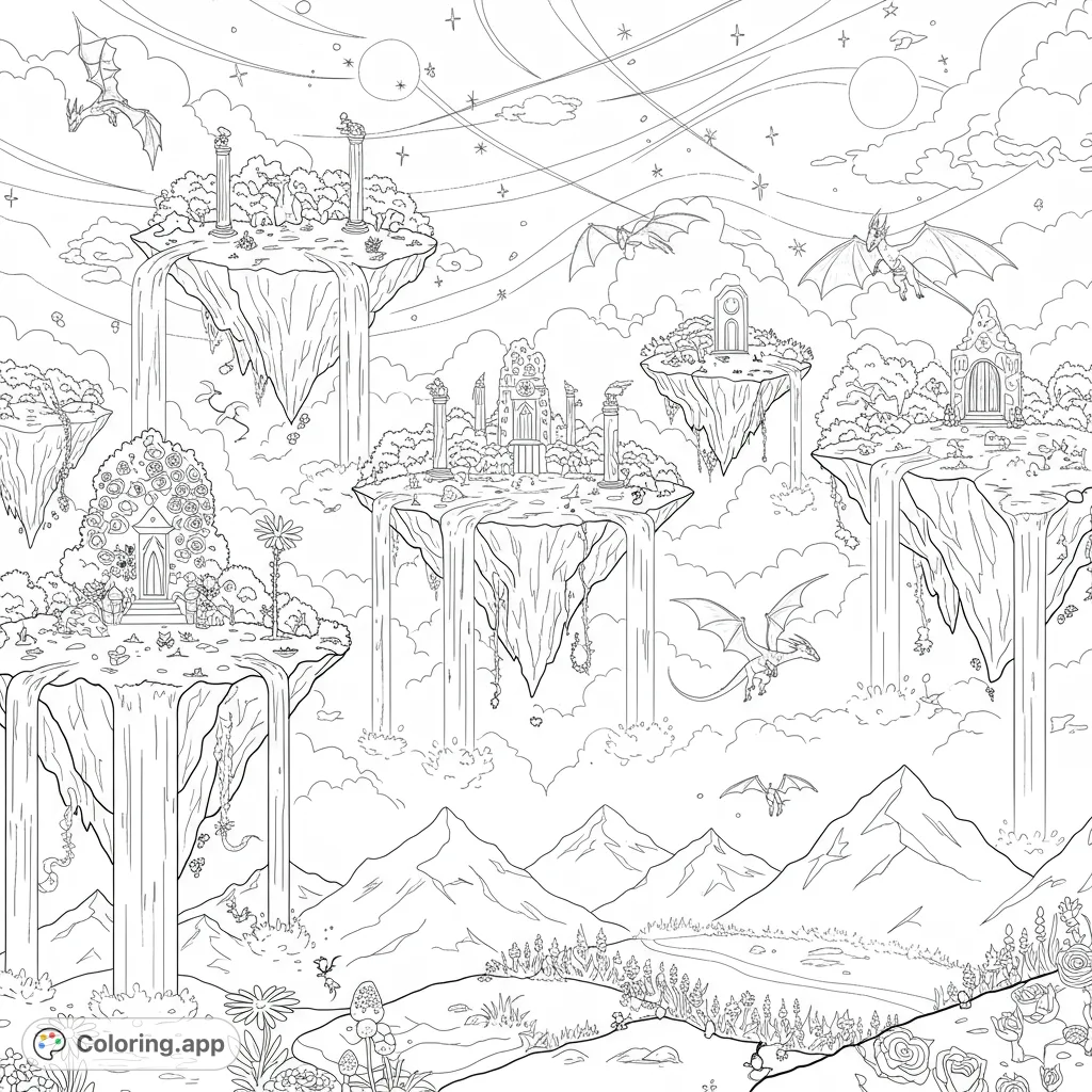 Explore a fantastical sky island dragon realm, a highly detailed fantasy coloring page featuring majestic dragons, floating islands, and mystical elements.