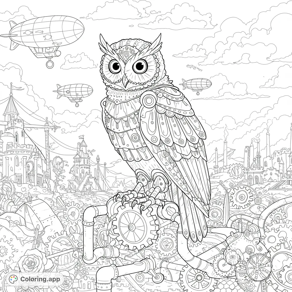 An intricate steampunk owl, adorned with gears and geometric patterns, perches in a surreal landscape with airships. A detailed adult coloring page.