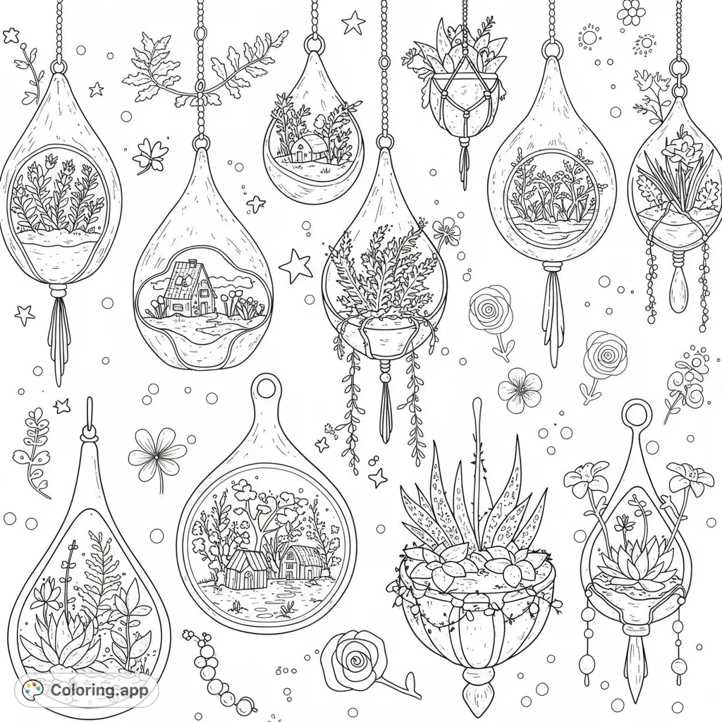Explore a magical terrarium coloring page featuring whimsical miniature worlds and lush plants, perfect for a free printable coloring page adventure.