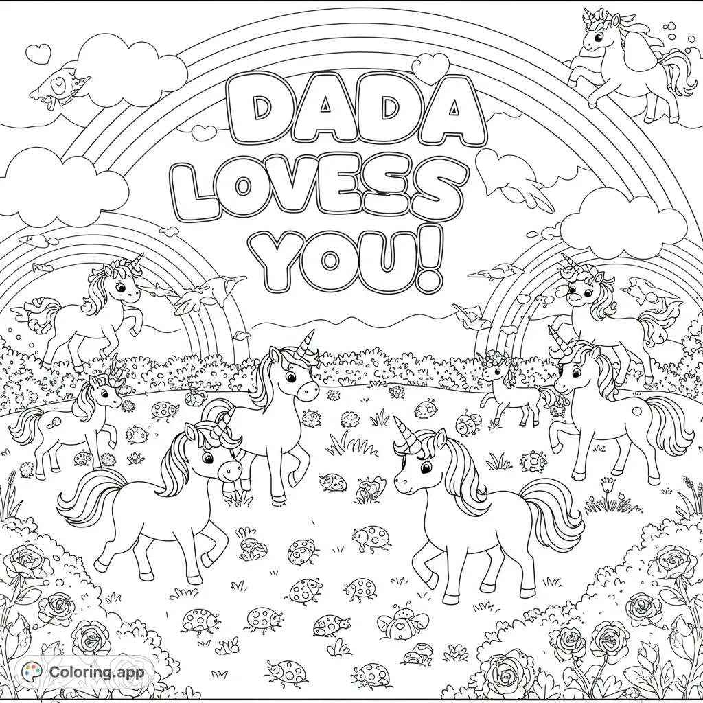 A delightful scene featuring playful unicorns, cheerful ladybugs, and vibrant rainbows, with 'Dada Loves You!' in charming bubble letters.