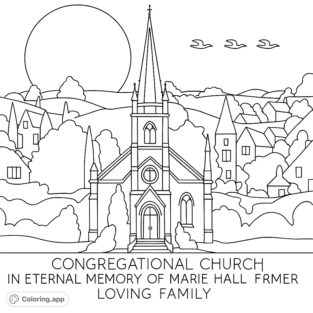 Color a serene village landscape featuring a grand church with a tall steeple, nestled among rolling hills, quaint houses, and a celestial sky.