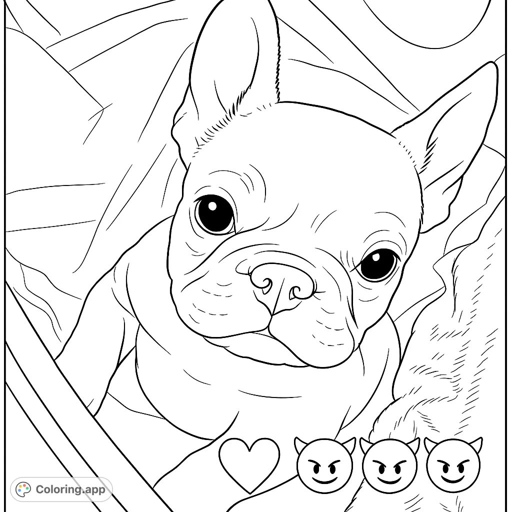 Capture the charm of an adorable French Bulldog puppy. This free printable coloring page features a cute canine with expressive eyes and perky ears.