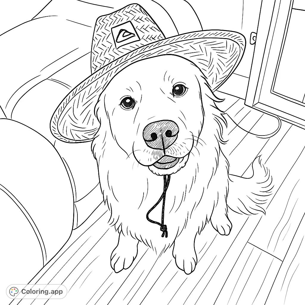 A charming Golden Retriever wearing a straw hat, ready for a fun coloring adventure. Perfect for dog lovers and all ages!