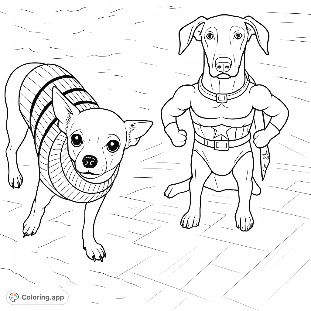 Two adorable dogs, one in a striped sweater and another in a superhero costume, ready for a fun coloring adventure.