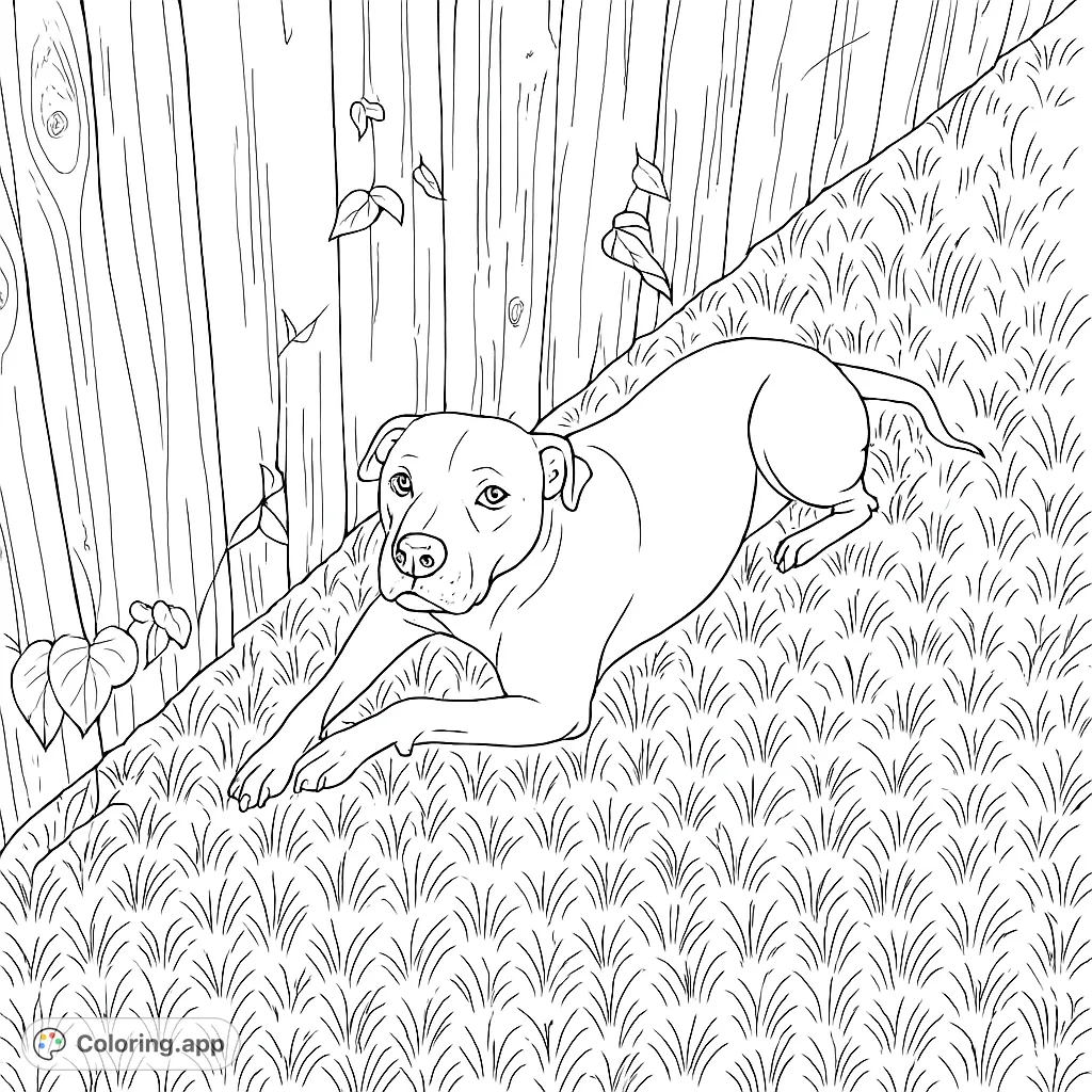 A charming dog rests peacefully by a rustic wooden fence, surrounded by lush grass and climbing vines. A delightful scene for animal lovers to color.