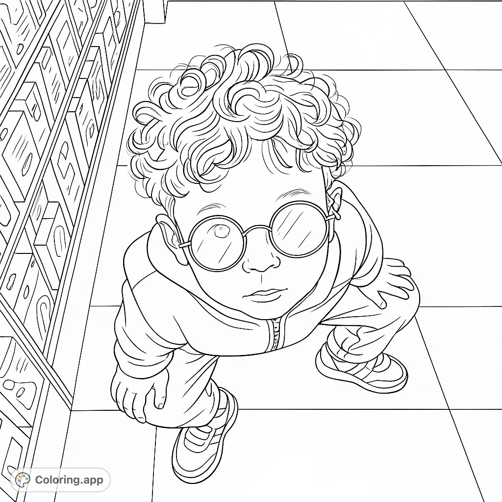 A cool kid in sunglasses strikes a pose, ready for a fun coloring adventure. Perfect for young artists to express creativity and style.