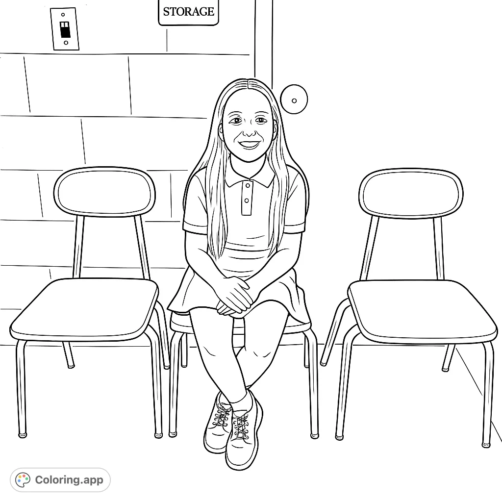 A cheerful girl sits on a chair in a school hallway, ready for a fun coloring adventure. Perfect for young artists!