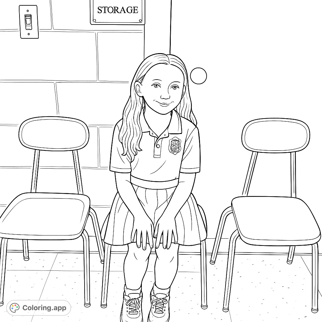 A young girl sits on a chair in a classroom setting, ready for a fun coloring adventure. Perfect for school-themed creativity.