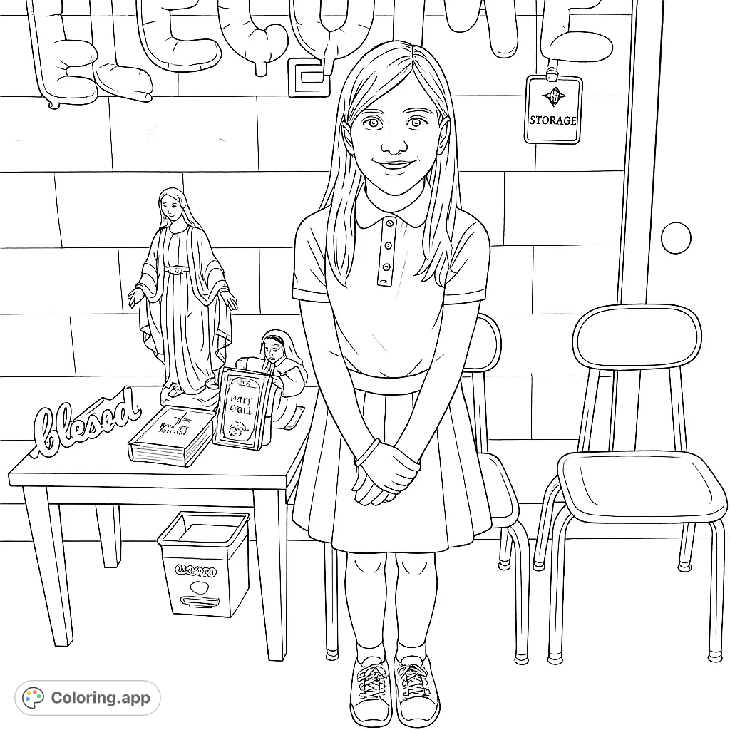 A cheerful girl stands amidst "WELCOME" balloons and school-themed items, perfect for a welcoming or back-to-school coloring page.
