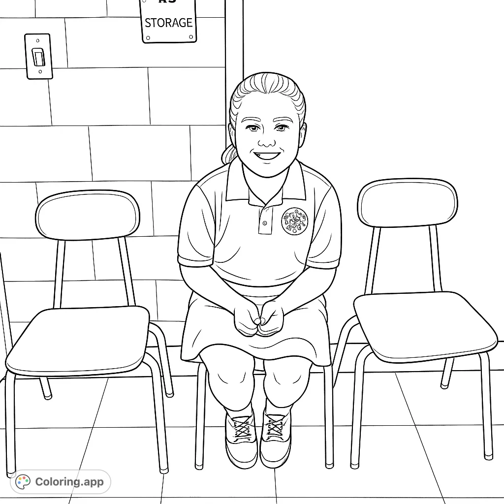 A cheerful young girl sits on a chair, ready for a fun coloring adventure. Perfect for kids to personalize with their favorite shades.