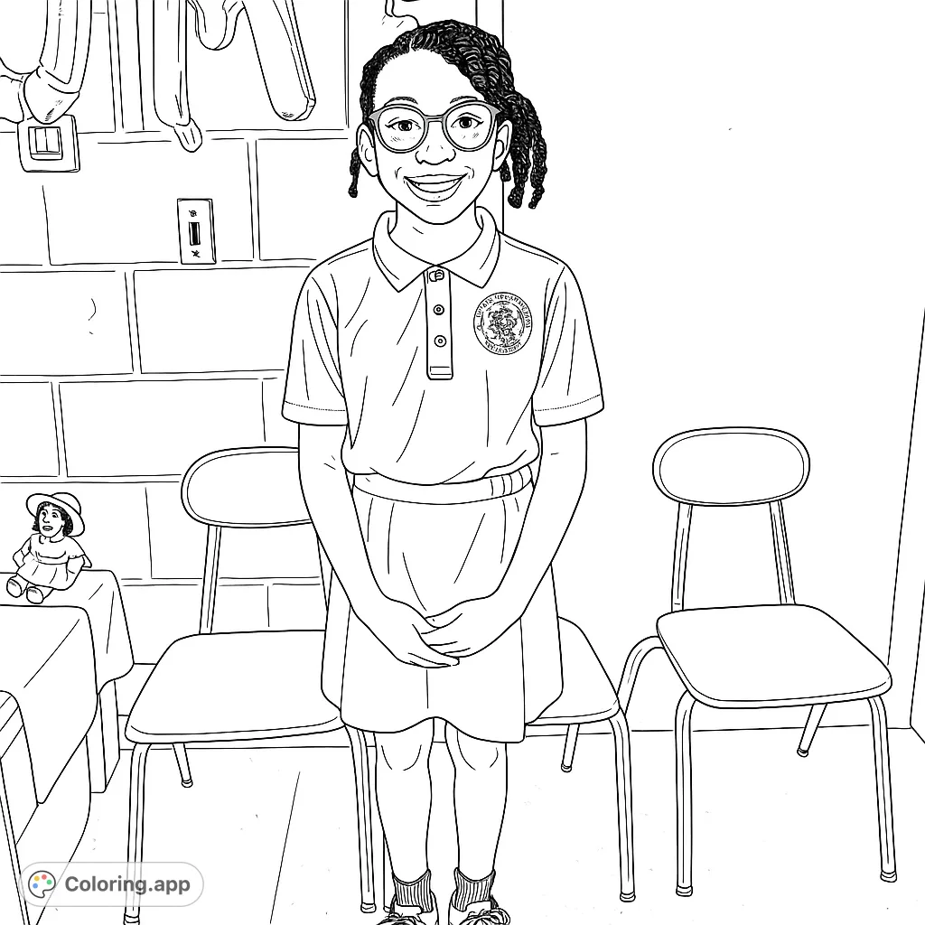 A cheerful student stands proudly with celebration balloons, ready for a fun coloring adventure. Perfect for school-themed projects and happy moments.