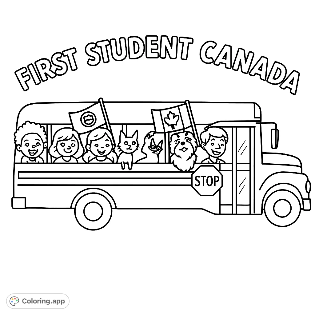 Hop aboard a fun Canadian school bus adventure! This coloring page features diverse kids, pets, and flags, ready for a journey of imagination.