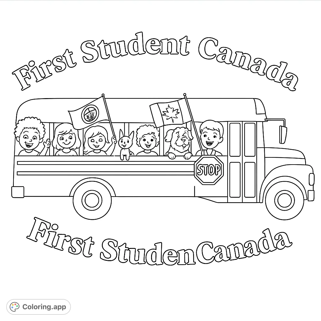 A cheerful school bus filled with diverse children and pets, waving flags, ready for a fun journey. Perfect for young colorists.