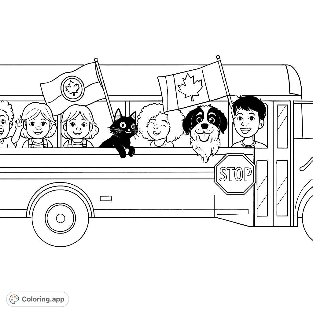 Hop aboard this fun school bus coloring page featuring a diverse group of kids, friends, and pets, ready for an exciting journey. Perfect for all ages!