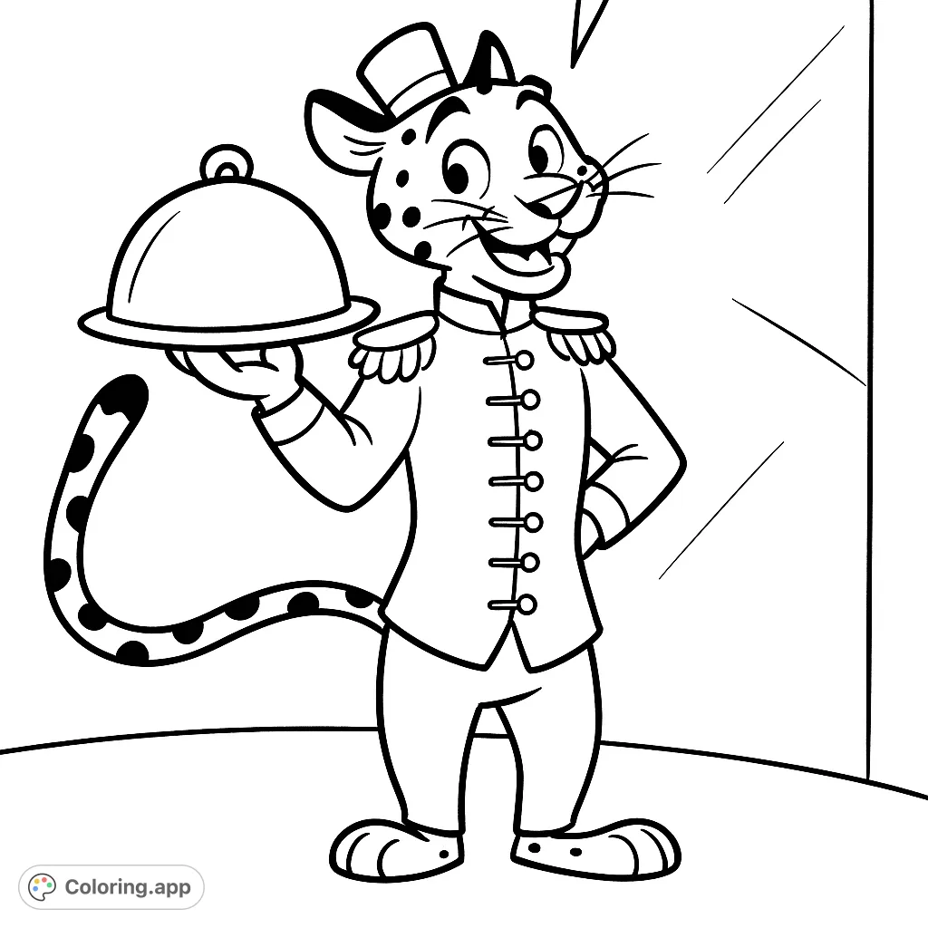 A charming bellhop animal coloring page, perfect for kids and adults. Features a spotted character in a uniform holding a serving dish. Fun and engaging!