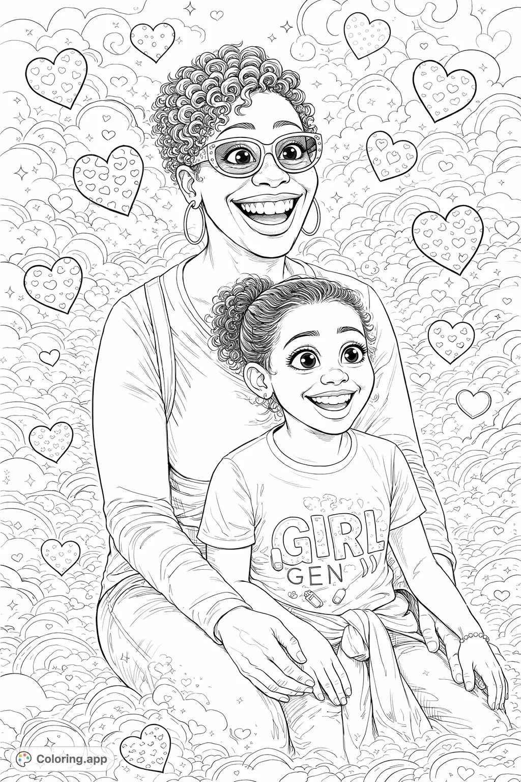 Discover a heartwarming family love coloring page, featuring two joyful figures in a surreal setting with delightful heart patterns and intricate details.