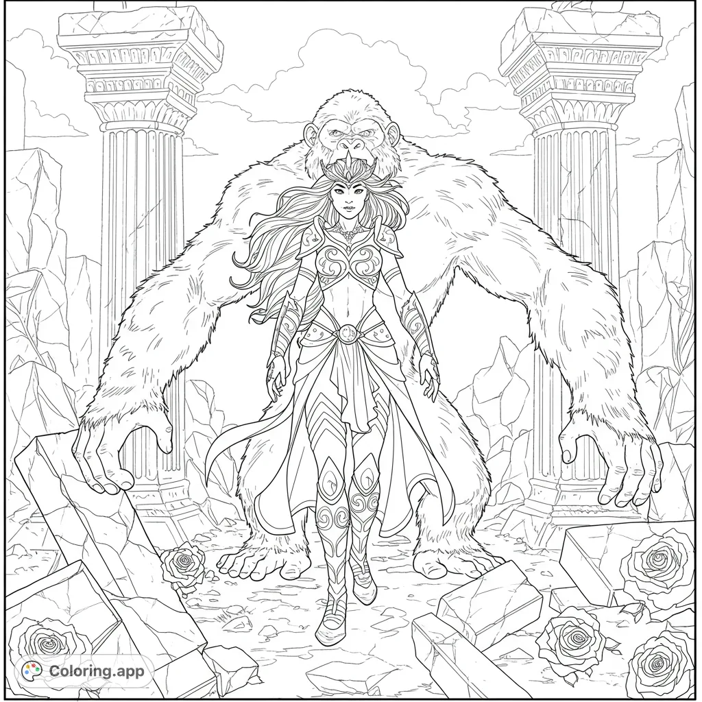 Witness a warrior princess mid-transformation into a powerful ape, standing amidst ancient ruins. A dynamic fantasy scene for creative coloring.