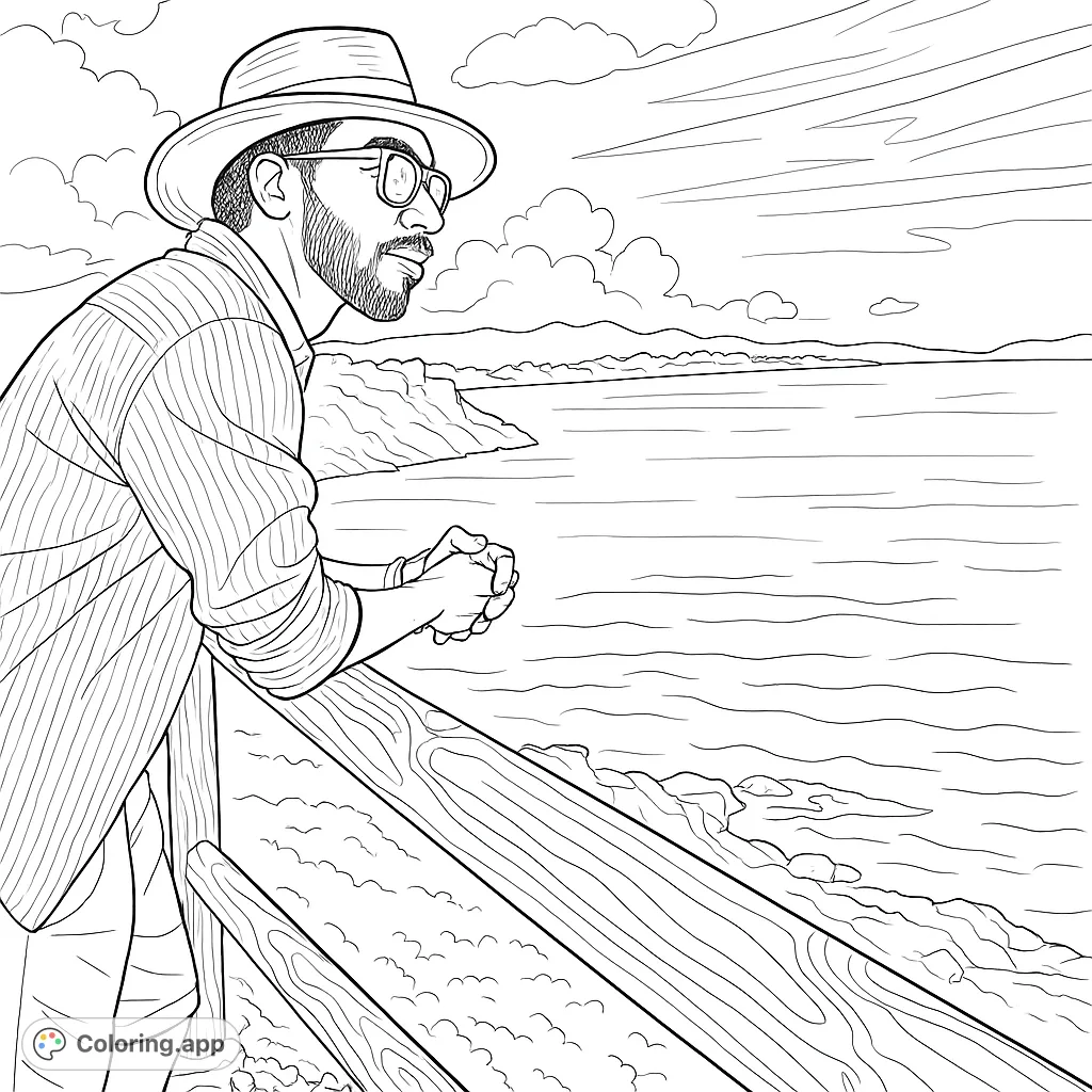 A serene coastal viewpoint featuring a traveler enjoying the expansive ocean and distant landscape. Perfect for relaxation and creative expression.