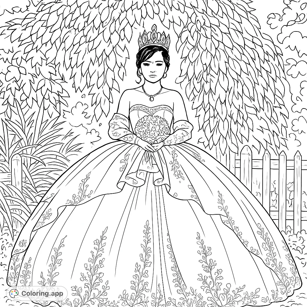 An elegant young woman in a voluminous gown and crown, holding a bouquet, set against a lush garden backdrop. Perfect for detailed coloring.
