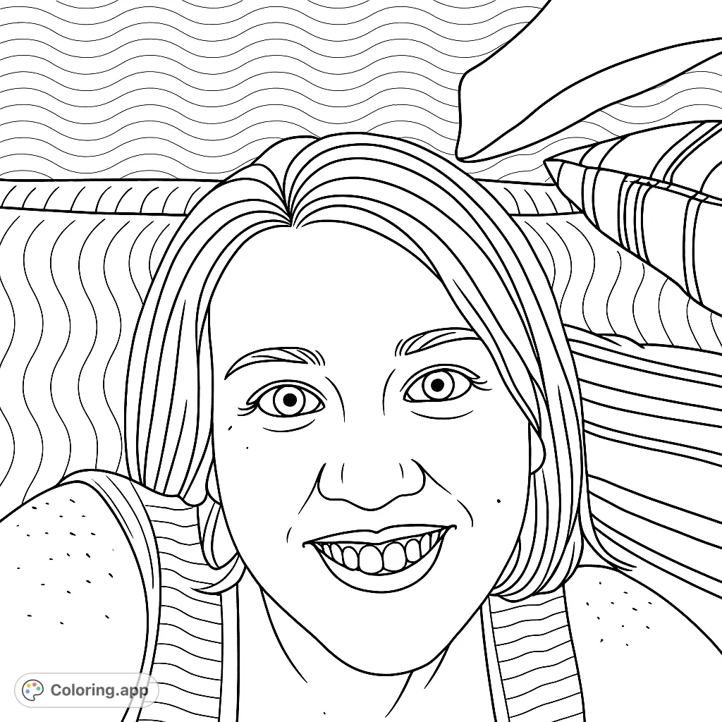 A warm portrait of a smiling woman, perfect for a personalized coloring experience. Features a friendly face, striped top, and a cozy background.