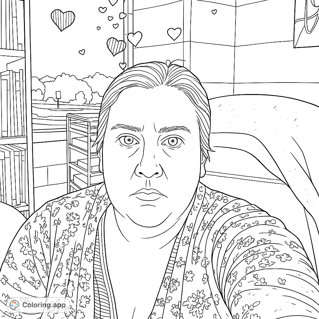A person in a patterned cardigan surrounded by floating hearts, set in an office with a bookshelf and window view. A unique and engaging coloring page.