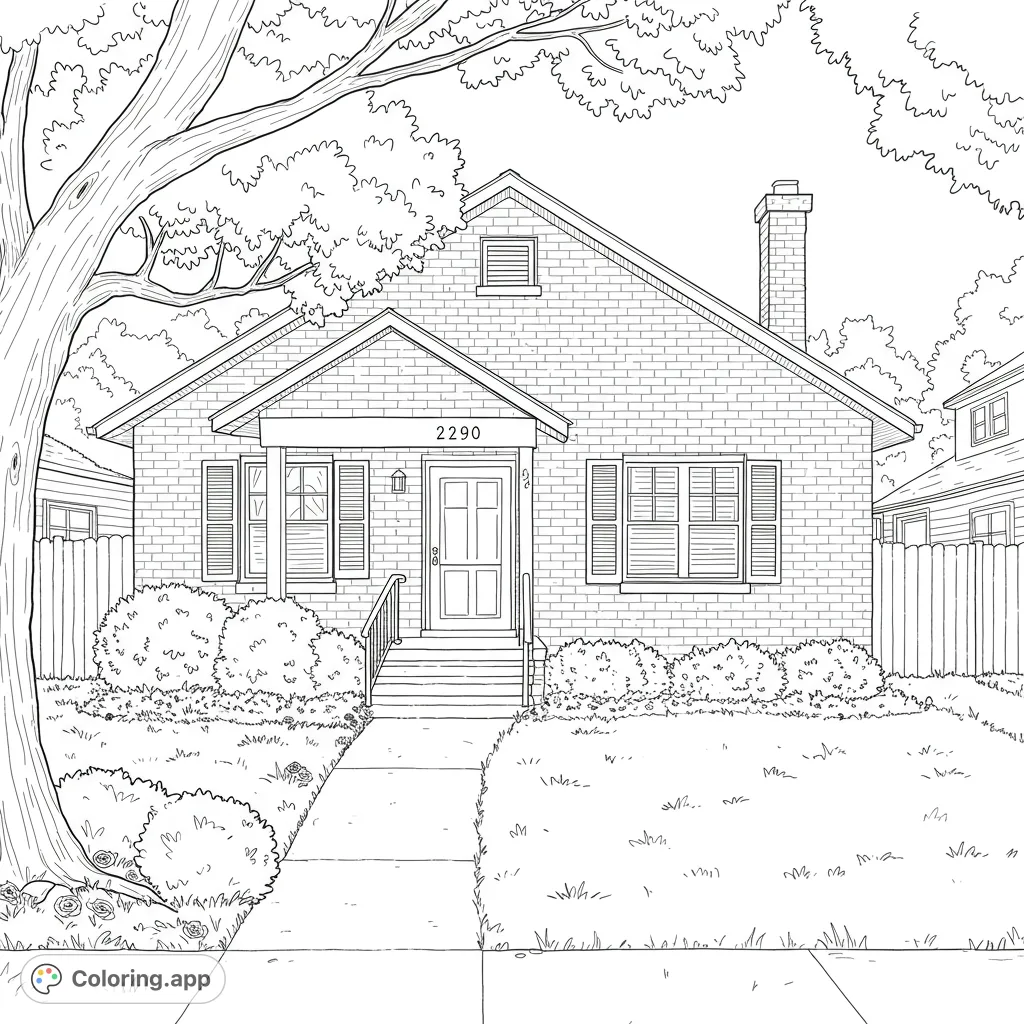 Explore a charming single-story house with a gabled roof, brick facade, and inviting front porch. Perfect for a relaxing coloring experience.