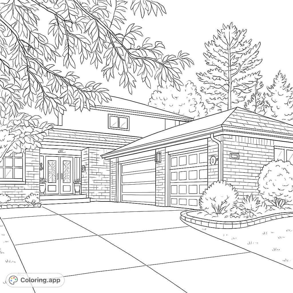 Color a detailed suburban house with intricate brickwork, lush landscaping, and a welcoming driveway. Perfect for architectural enthusiasts.
