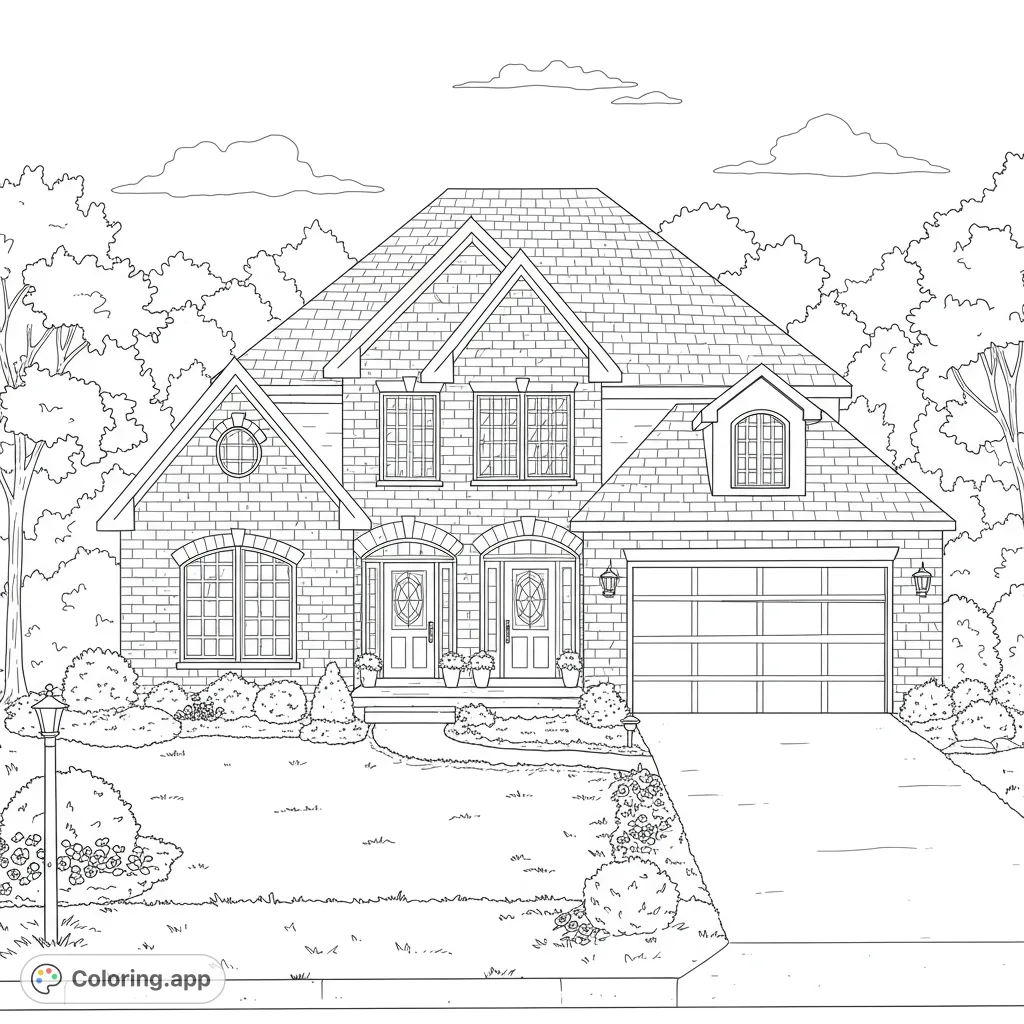 Explore a detailed suburban house with extensive brickwork, a two-car garage, and a landscaped yard, perfect for intricate coloring.