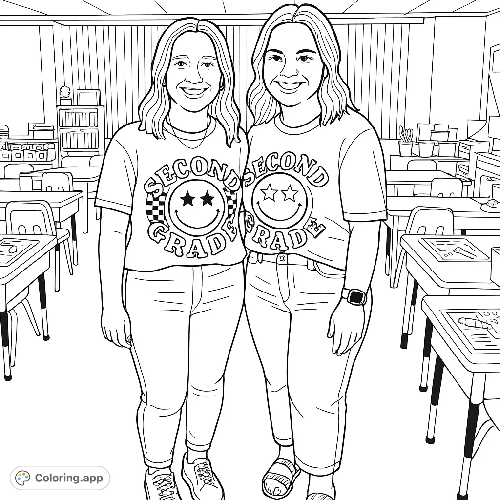 Two smiling teachers in a classroom, ready for a new school year. Features detailed desks, chairs, and classroom elements for a fun coloring experience.