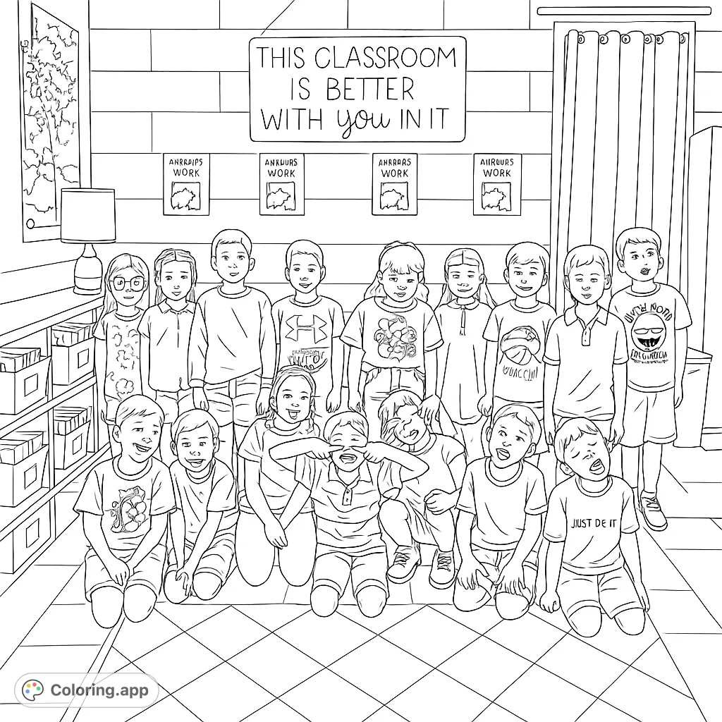 A fun coloring page featuring a group of playful children making silly faces in a classroom, perfect for creative expression and detailed coloring.