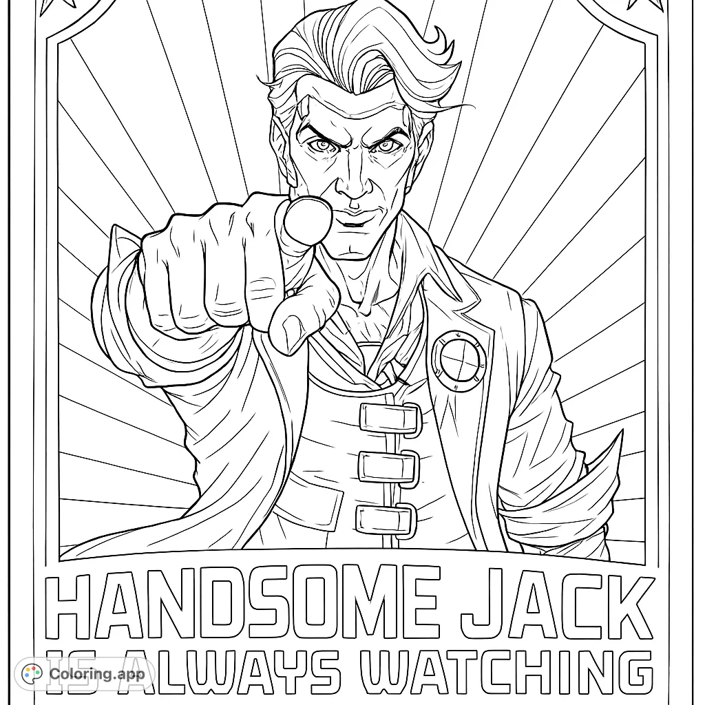 A striking propaganda-style coloring page featuring a charismatic villain pointing directly at you, set against a dynamic radial background.