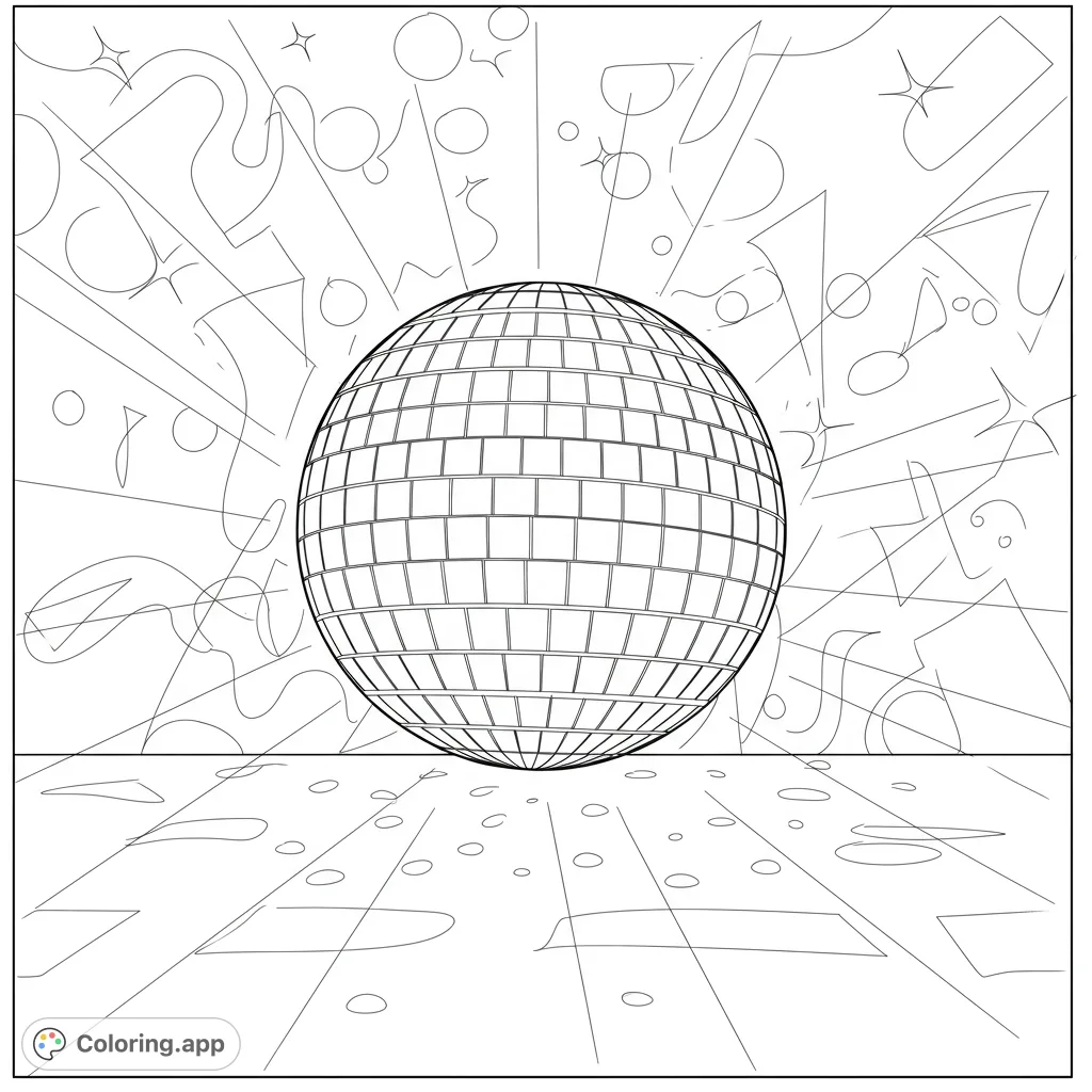 Get ready to groove with this dynamic dancing disco ball coloring page! Perfect for adding vibrant colors to its reflective facets and energetic light beams.