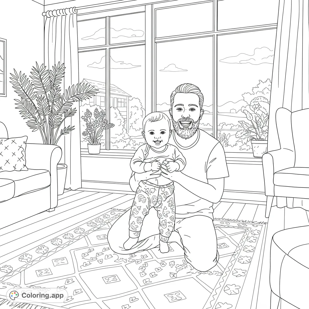A heartwarming family scene featuring a smiling father holding his baby, surrounded by cozy home details and decorative heart patterns. Perfect for a family coloring page.